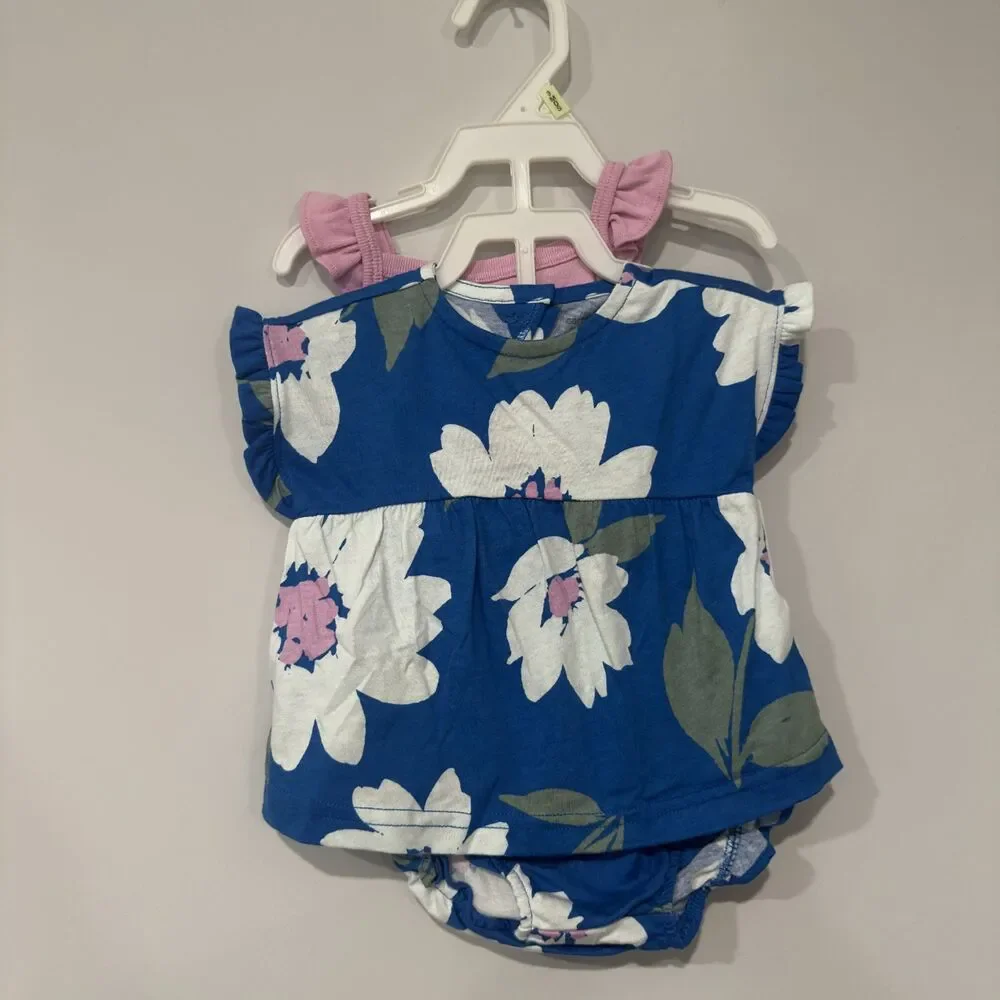Carter’s Baby Girl 3 Piece Floral Bloomers Set Blue Pink 3M NWT - Picture 2 of 3